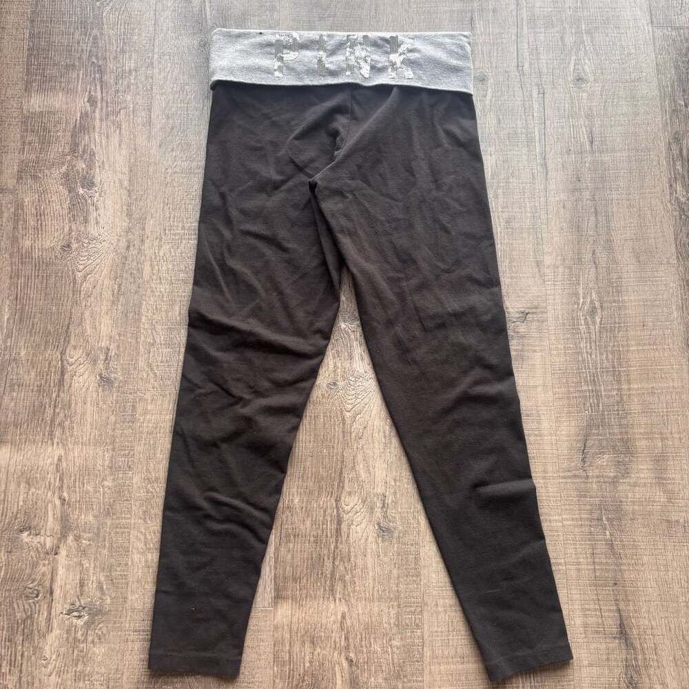 Victoria's Secret PINK Black Foldover Yoga Leggings with Grey Waistband Size M